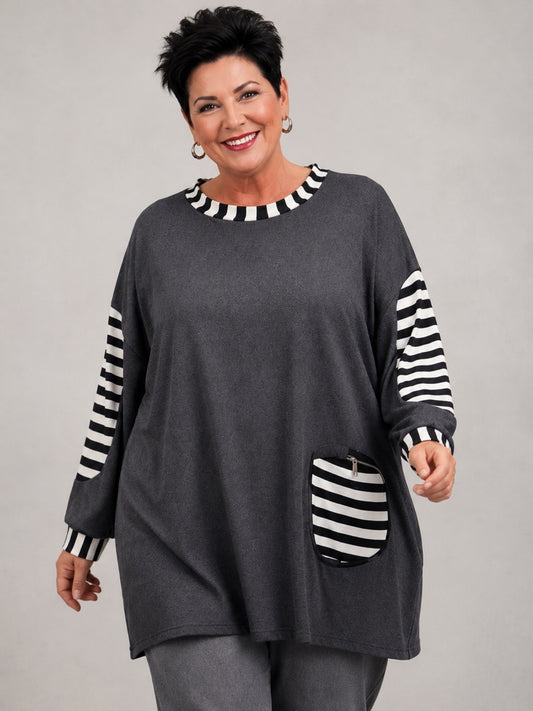 AKH Fashion Shirt Viskose mit Streifen und Zipptasche Oversize – Anthrazit/Schwarz-Weiß, Einheitsgröße 44–54