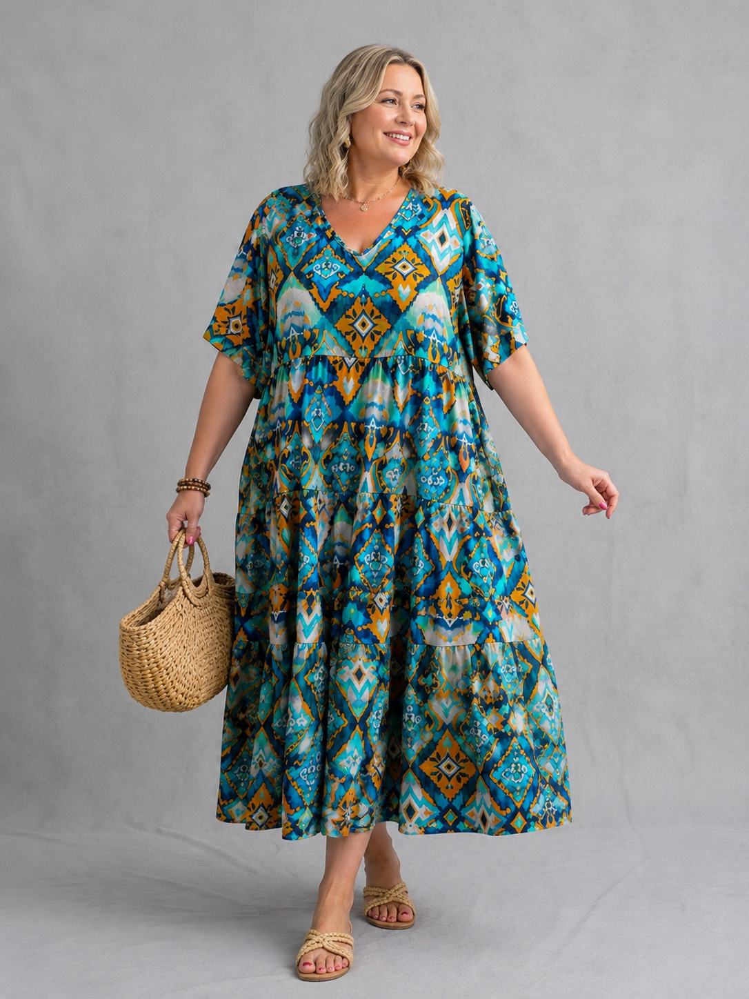 Frenzi Stufenkleid Ikat-Print Türkis-Orange – Einheitsgröße 44–52