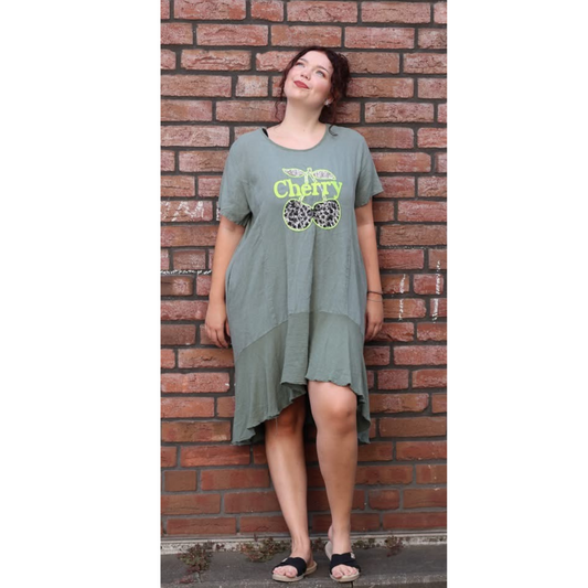 Leinenkleid "Cherry" mit Pailletten & Volant schwarz weiß Khaki 40 42 44 46 48