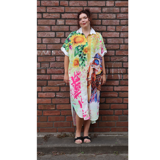 Mix Mirage Blusenkleid / Blusenjacke – Leuchtend bunt mit Statement-Print & Taschen 40 42 44 46 48 50 52