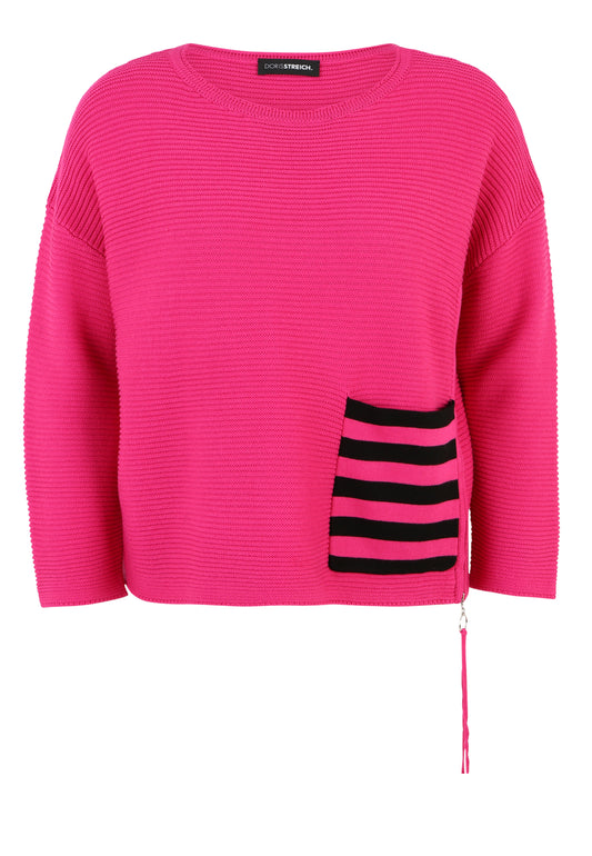 Doris Streich Strick-Pullover mit Streifen-Tasche und Reißverschluss Pink 54