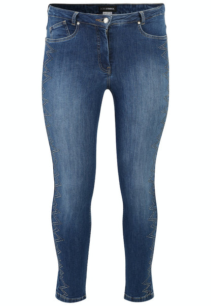 Doris Streich 5-Pocket Jeans Hose Blau mit Strasssteinchen in Zick-Zack-Muster 46 48 50 52