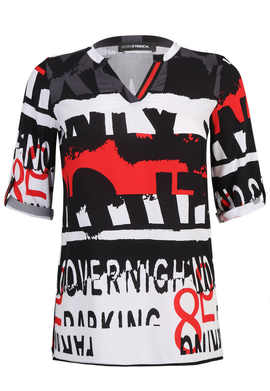 Doris Streich Schlupfbluse mit Grafik-Muster und verstellbaren Ärmeln Schwarz Weiß Rot Bunt 44 46 48 50 52 54 56