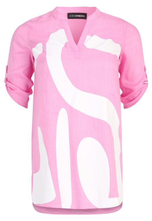 Doris Streich Longbluse aus luftig leichtem Leinen mit Motivprint, Krempelärmel und V-Ausschnitt Rosa 46 48 50 52 54 56