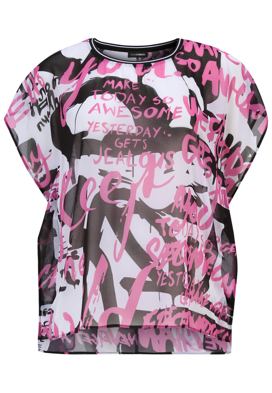 Doris Streich Überwurf-Bluse aus transparentem Chiffon mit Grafik-Print Schwarz Weiß Pink Bunt 46 48 50 52 54 56