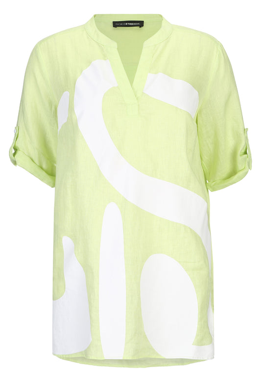 Doris Streich Longbluse aus luftig leichtem Leinen mit Motivprint, Krempelärmel und V-Ausschnitt Kiwi Grün 46 48 50 52 54 56