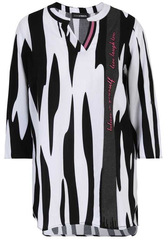 Doris Streich Schlupfbluse aus Viskose mit Grafik-Print Schwarz Weiß Pink 46 48 50 52 54 56