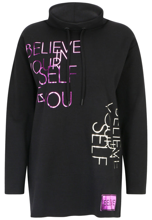 Doris Streich Sweatshirt Schwarz Print mit Foliendruck in Lila und Silber Gr 44 46 48 50 52 54 56