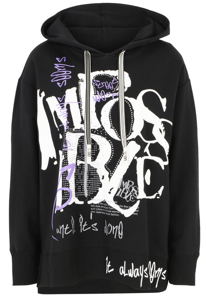 Doris Streich Sweatshirt mit Hoody schwarz Druck-Motiv in Weiß und Lila 44 46 48 50 52 54 56