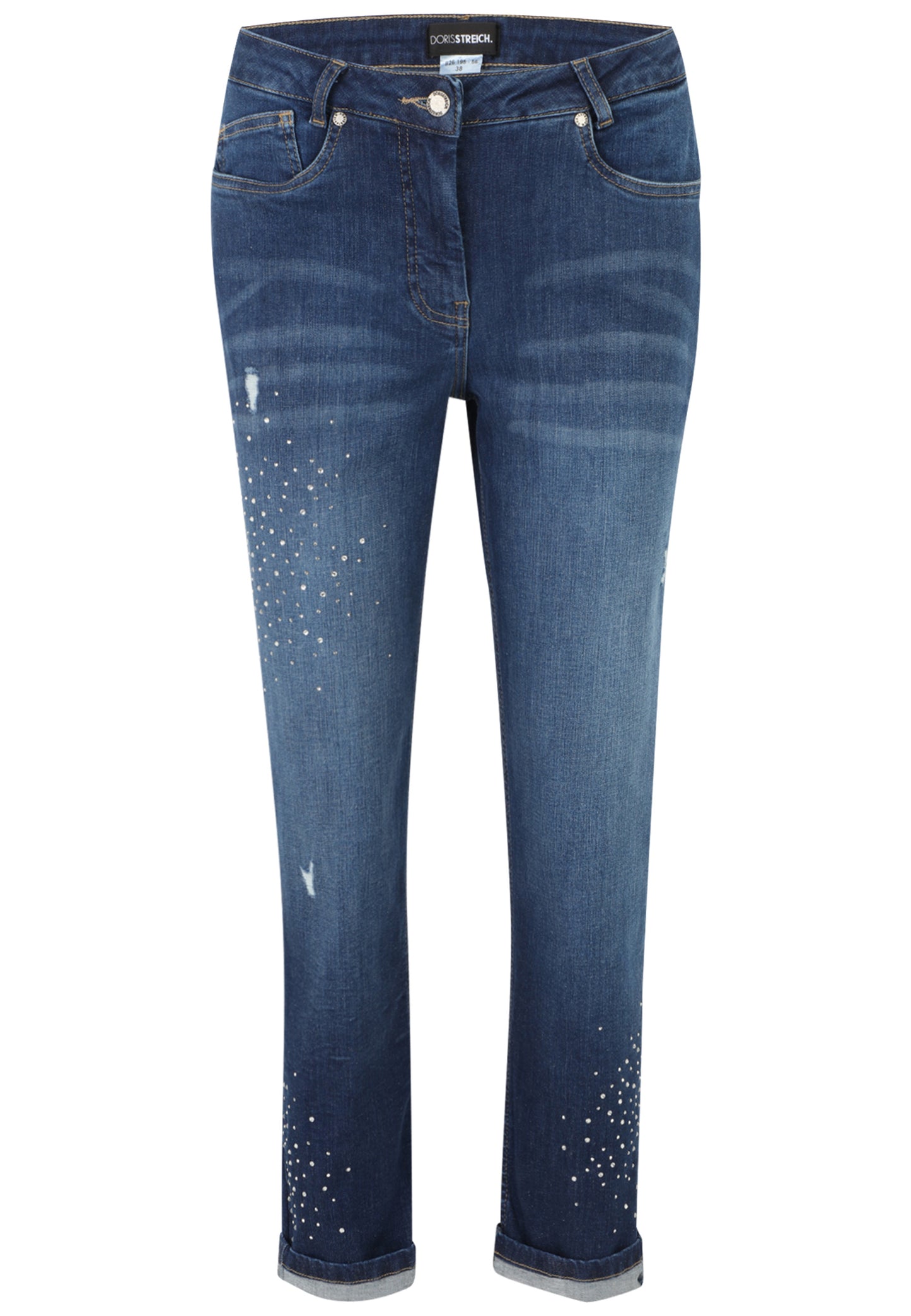 Doris Streich 5-Pocket Jeans Hose blau mit Strass-Steinchen und Fransen Gr. 44 46 48 50 52 54 56