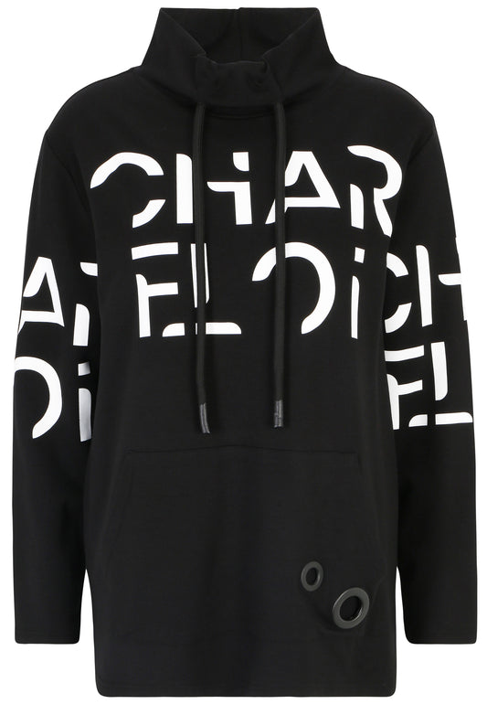 Doris Streich Sweatshirt Schwarz Kordeln  Buchstabenprint dekorative Ösen Gr 44 46 50 52 54 56