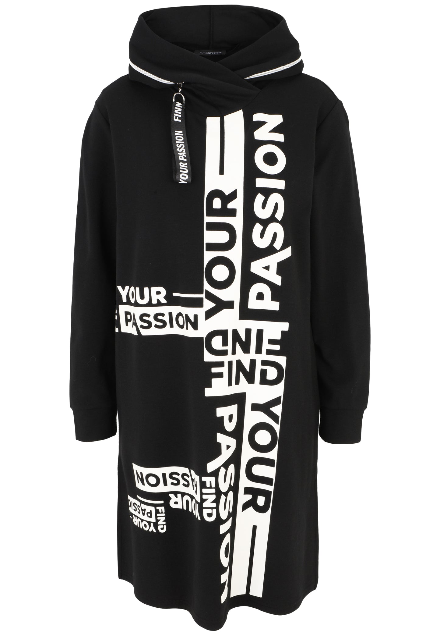 Doris Streich Long-Sweatshirt mit Hoody schwarz mit weißem Wording-Print 44 46 48 50 52 54 56