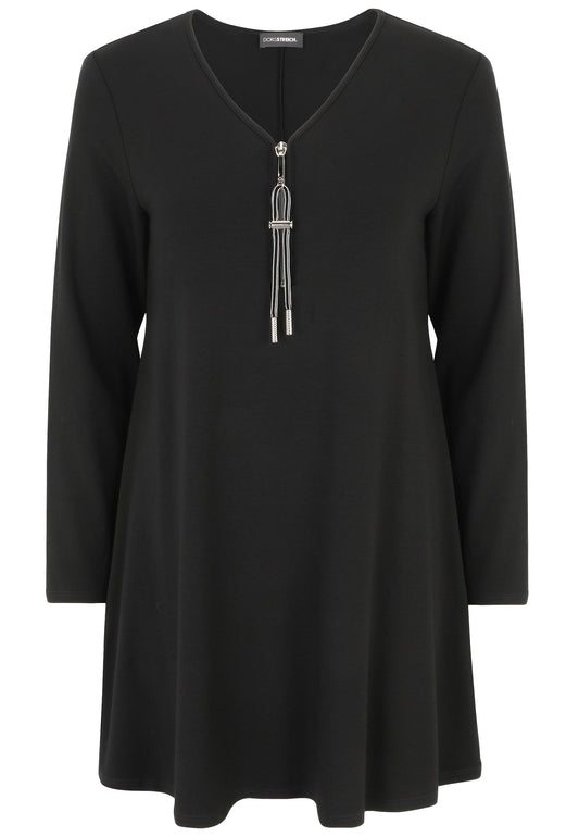 Doris Streich Long-Shirt schwarz mit dekorativem Reißverschluss-Bändchen A-Form 44 46 48 50 52 54 56