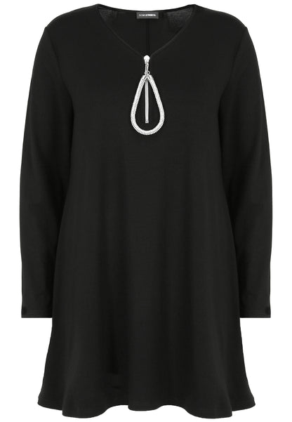 Doris Streich Long-Shirt schwarz mit dekorativem Anhänger Straß am Zipper 44 46 48 50 52 54 56