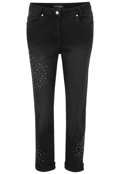 Doris Streich 5-Pocket Jeans Hose schwarz mit Strass-Steinchen und Fransen Gr. 44 46 48 50 52 54 56