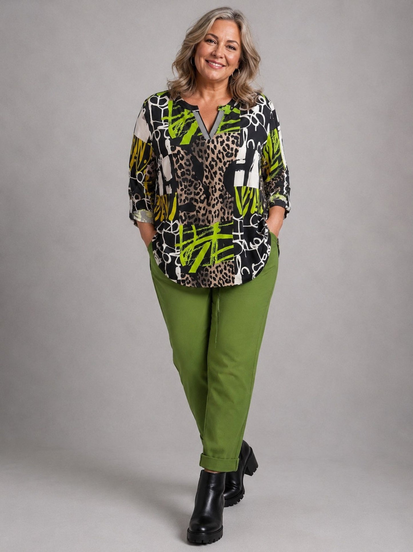 Doris Streich Bluse Viskose mit Leo- und Grafikdruck – Schwarz/Kiwi Gr. 44–54