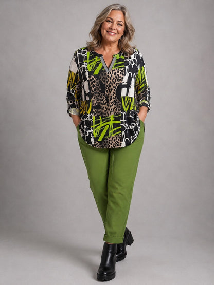 Doris Streich Bluse Viskose mit Leo- und Grafikdruck – Schwarz/Kiwi Gr. 44–54