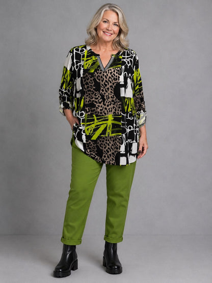Doris Streich Bluse Viskose mit Leo- und Grafikdruck – Schwarz/Kiwi Gr. 44–54
