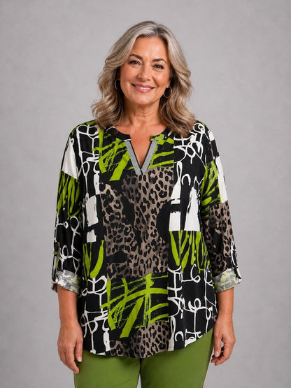 Doris Streich Bluse Viskose mit Leo- und Grafikdruck – Schwarz/Kiwi Gr. 44–54