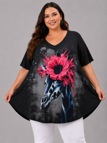 Frenzi Oversize Shirt Giraffe mit Blume Schwarz – Exklusiv-Print – Einheitsgröße 44–58