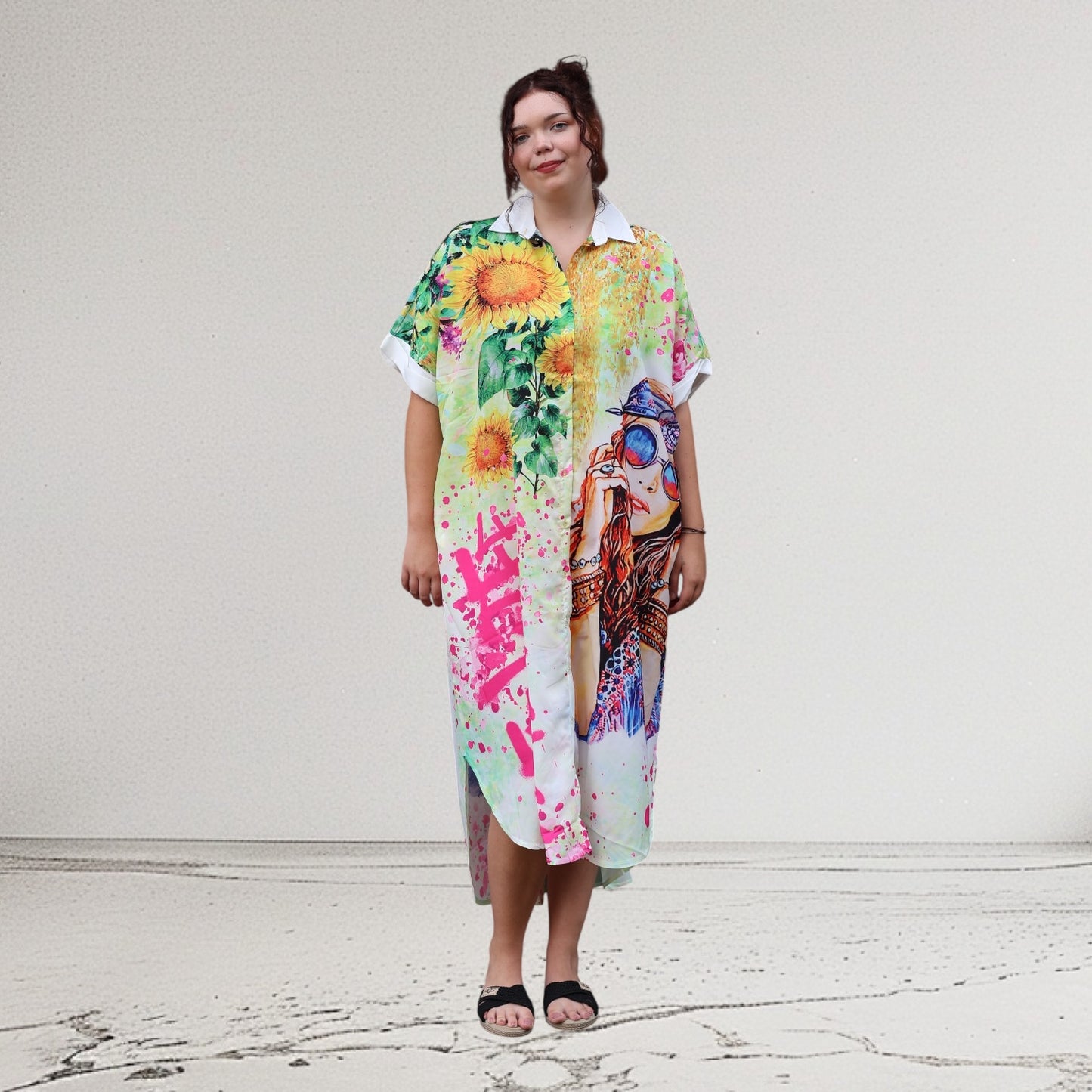 Mix Mirage Blusenkleid / Blusenjacke – Leuchtend bunt mit Statement-Print & Taschen 40 42 44 46 48 50 52