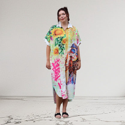 Mix Mirage Blusenkleid / Blusenjacke – Leuchtend bunt mit Statement-Print & Taschen 40 42 44 46 48 50 52