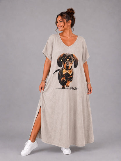 Frenzi Maxi-Kleid Dackel-Print V-Ausschnitt – Sand, Schwarz & Taupe, Einheitsgröße 48–56