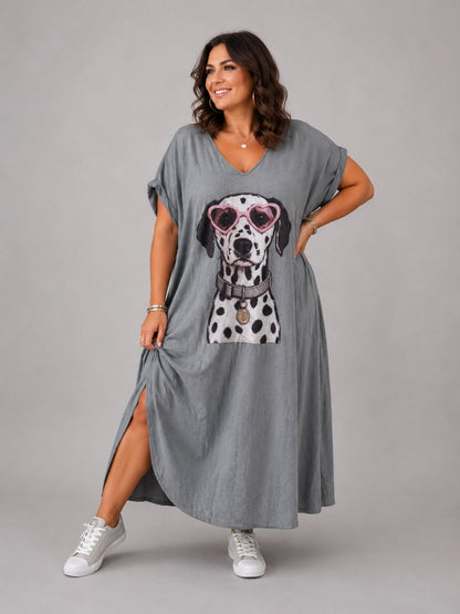 Frenzi Maxi-Kleid Dalmatiner-Print V-Ausschnitt – Hellgrau, Dunkelgrau & Schwarz, Einheitsgröße 48–56