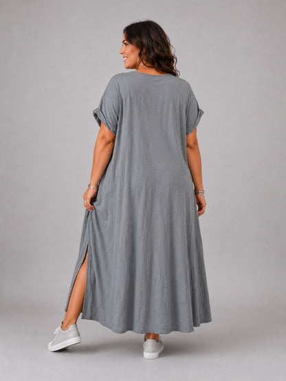 Frenzi Maxi-Kleid Dalmatiner-Print V-Ausschnitt – Hellgrau, Dunkelgrau & Schwarz, Einheitsgröße 48–56