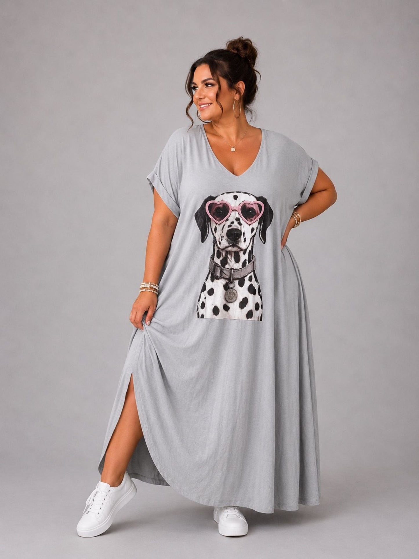 Frenzi Maxi-Kleid Dalmatiner-Print V-Ausschnitt – Hellgrau, Dunkelgrau & Schwarz, Einheitsgröße 48–56