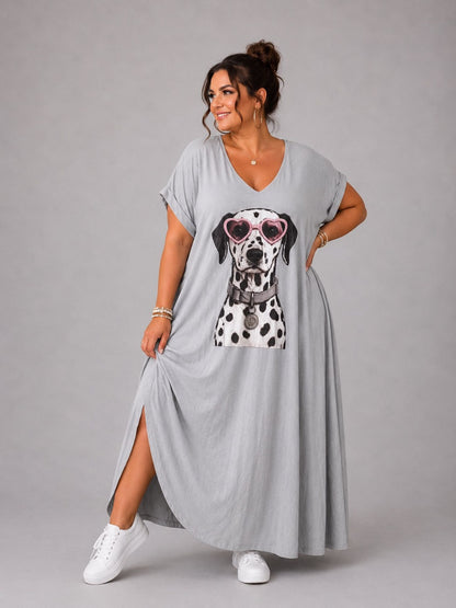 Frenzi Maxi-Kleid Dalmatiner-Print V-Ausschnitt – Hellgrau, Dunkelgrau & Schwarz, Einheitsgröße 48–56