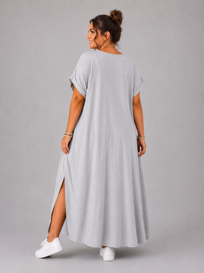 Frenzi Maxi-Kleid Dalmatiner-Print V-Ausschnitt – Hellgrau, Dunkelgrau & Schwarz, Einheitsgröße 48–56