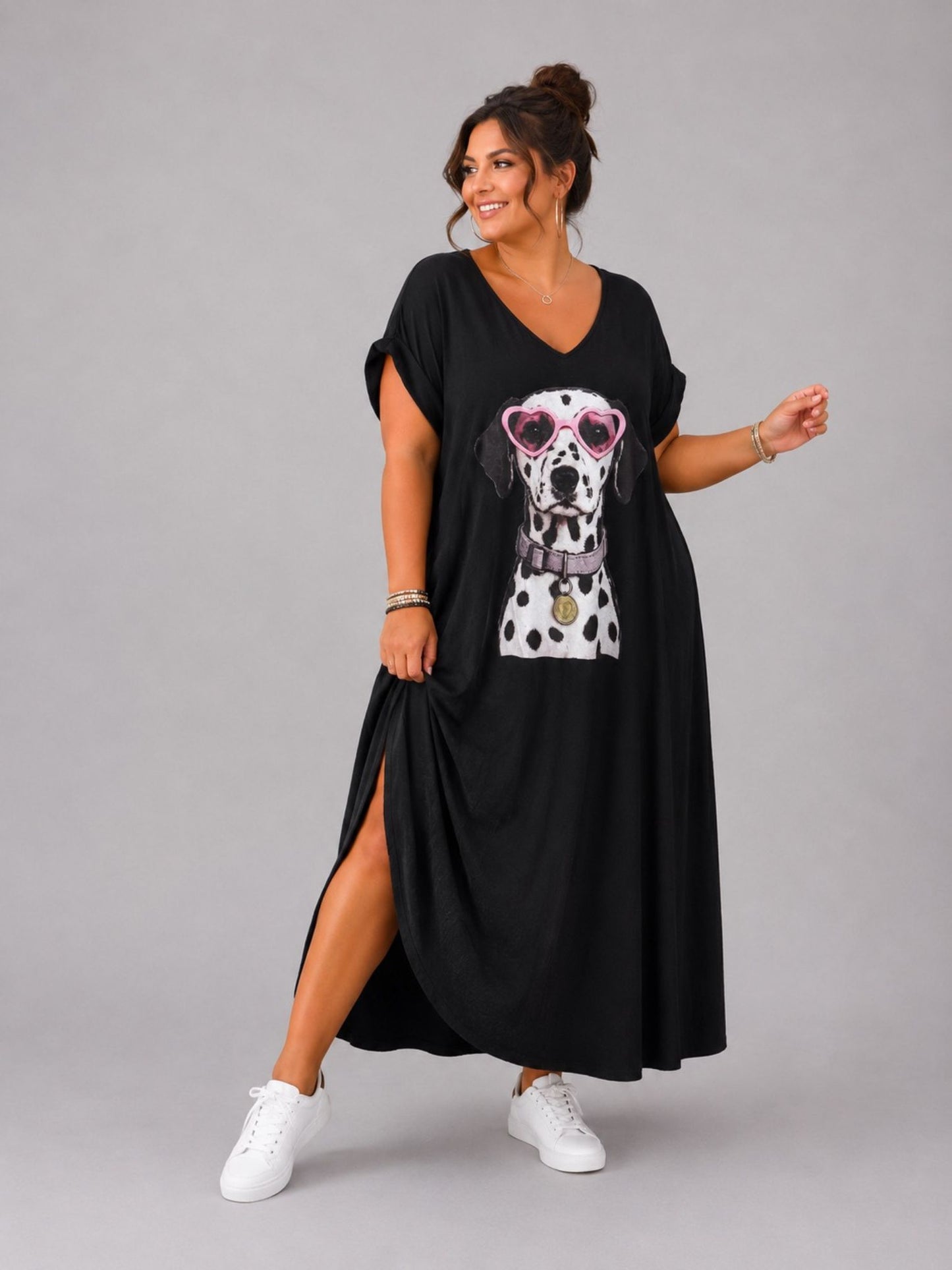 Frenzi Maxi-Kleid Dalmatiner-Print V-Ausschnitt – Hellgrau, Dunkelgrau & Schwarz, Einheitsgröße 48–56