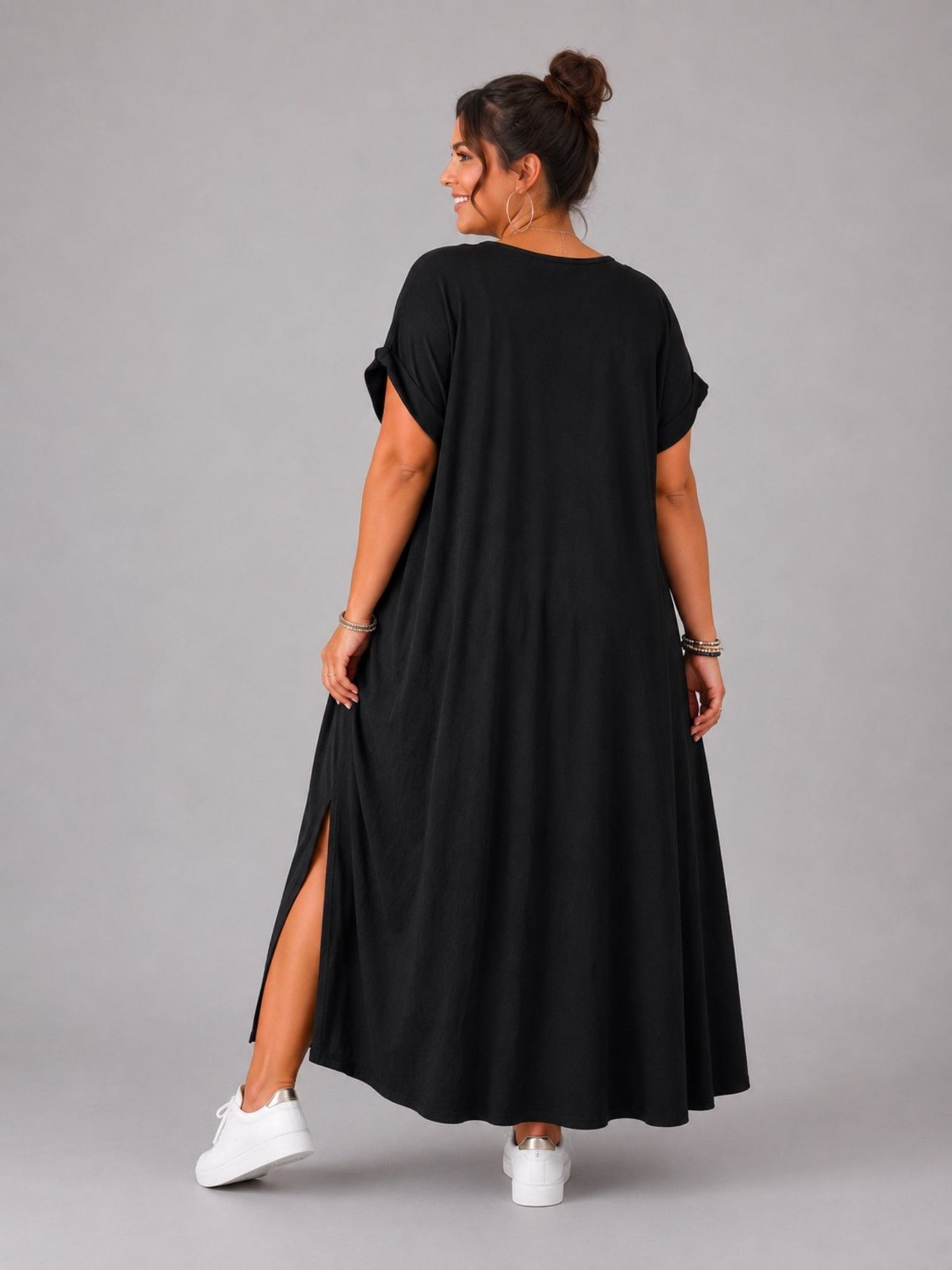 Frenzi Maxi-Kleid Dalmatiner-Print V-Ausschnitt – Hellgrau, Dunkelgrau & Schwarz, Einheitsgröße 48–56