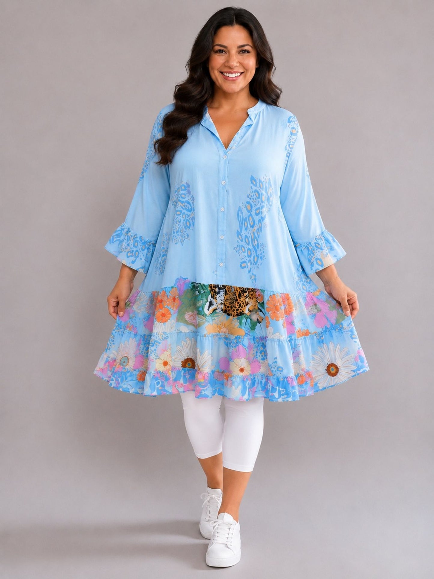 Frenzi Long-Tunika / Kurzkleid Viskose Einheitsgröße – Hellblau Bunt Animal-Blumen-Print Gr. 42–50