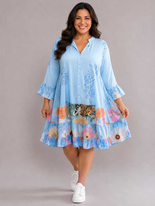Frenzi Long-Tunika / Kurzkleid Viskose Einheitsgröße – Hellblau Bunt Animal-Blumen-Print Gr. 42–50