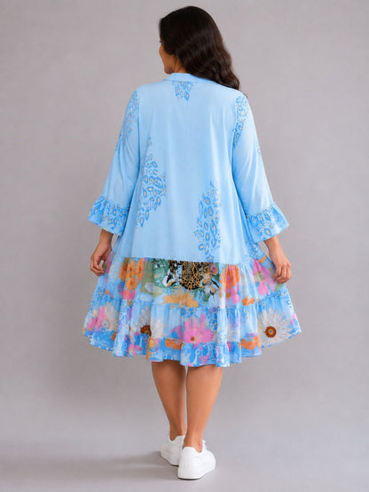 Frenzi Long-Tunika / Kurzkleid Viskose Einheitsgröße – Hellblau Bunt Animal-Blumen-Print Gr. 42–50