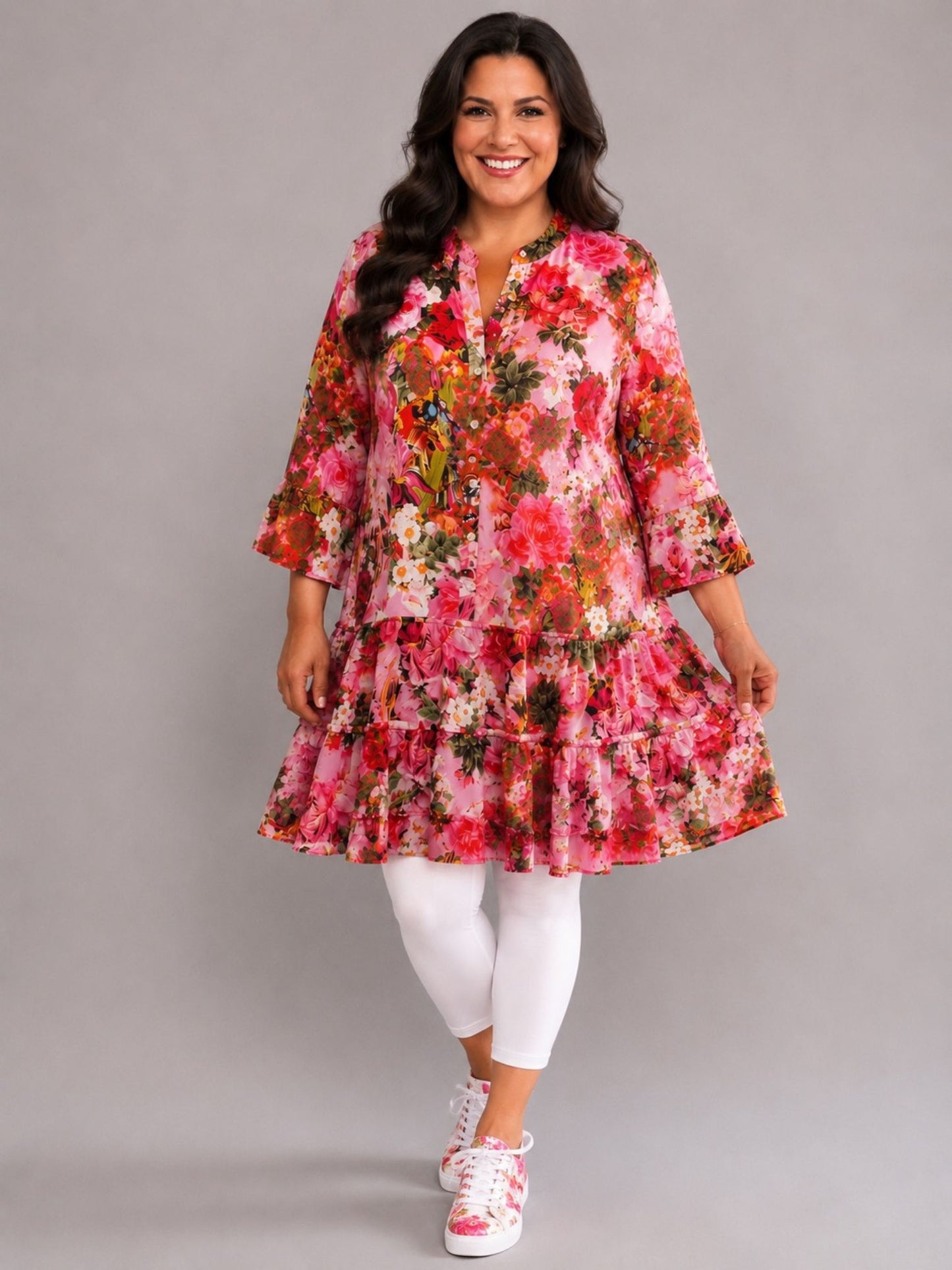Frenzi Long-Tunika / Kurzkleid Viskose Einheitsgröße – Pink Rot Blumendruck Gr. 42–50