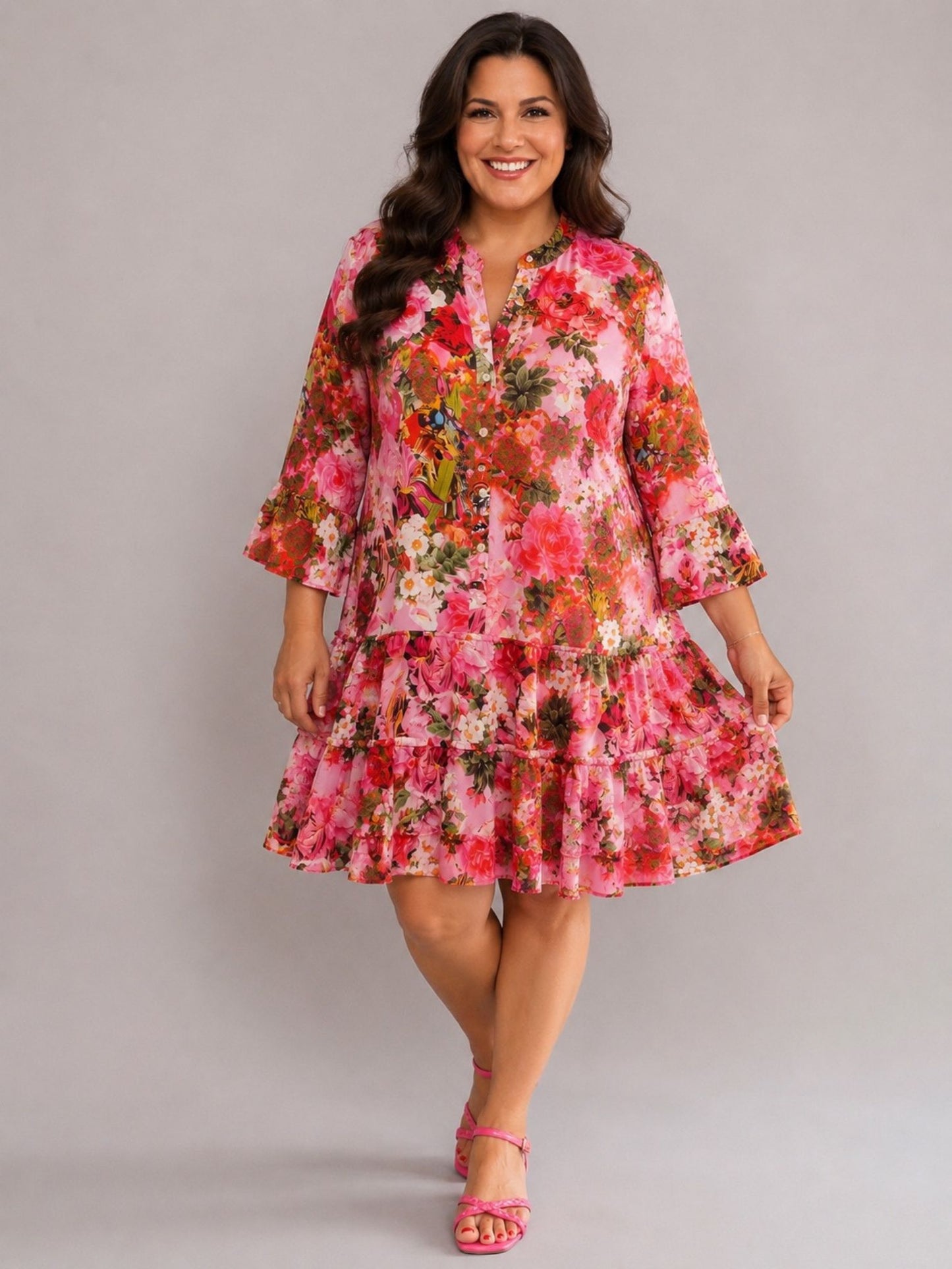 Frenzi Long-Tunika / Kurzkleid Viskose Einheitsgröße – Pink Rot Blumendruck Gr. 42–50