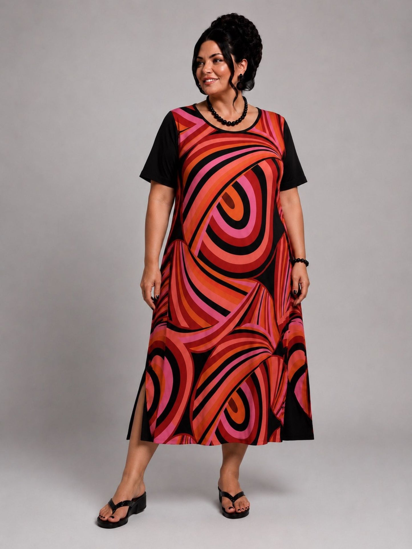 Frenzi Kleid Swirl-Print Pink-Schwarz –  mit Schlitzen, Einheitsgröße 44–58