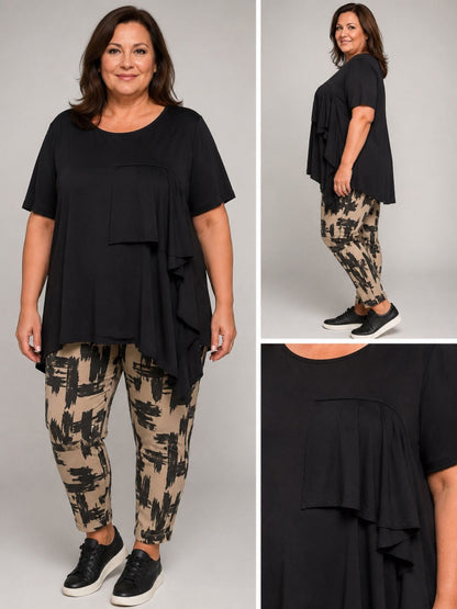 Frenzi Shirt Schwarz Ecru Volant Asymmetrischer Saum Kurzarm