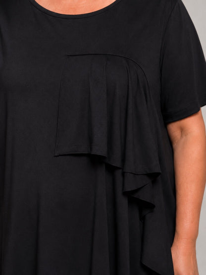 Frenzi Shirt Schwarz Ecru Volant Asymmetrischer Saum Kurzarm