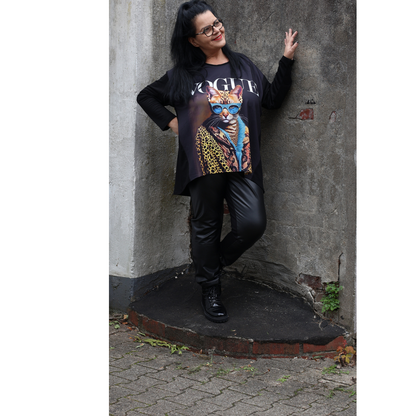 Frenzi4u Shirt „Fashion Cat“ – Schwarzes Oversize-Shirt mit Glitzerprint  44 46 48 50 52 54 56 58