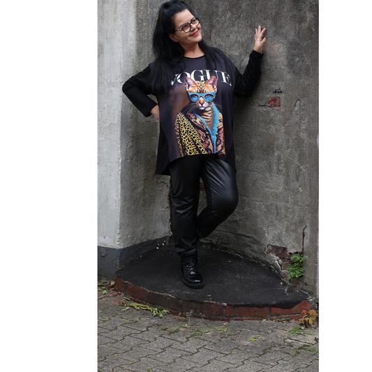 Frenzi4u Shirt „Fashion Cat“ – Schwarzes Oversize-Shirt mit Glitzerprint  44 46 48 50 52 54 56 58