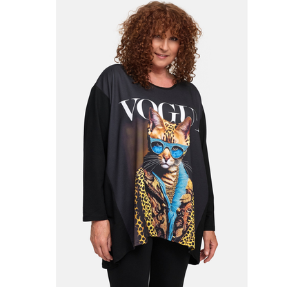 Frenzi4u Shirt „Fashion Cat“ – Schwarzes Oversize-Shirt mit Glitzerprint  44 46 48 50 52 54 56 58