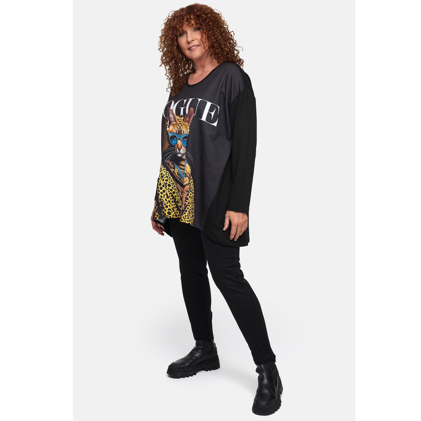 Frenzi4u Shirt „Fashion Cat“ – Schwarzes Oversize-Shirt mit Glitzerprint  44 46 48 50 52 54 56 58