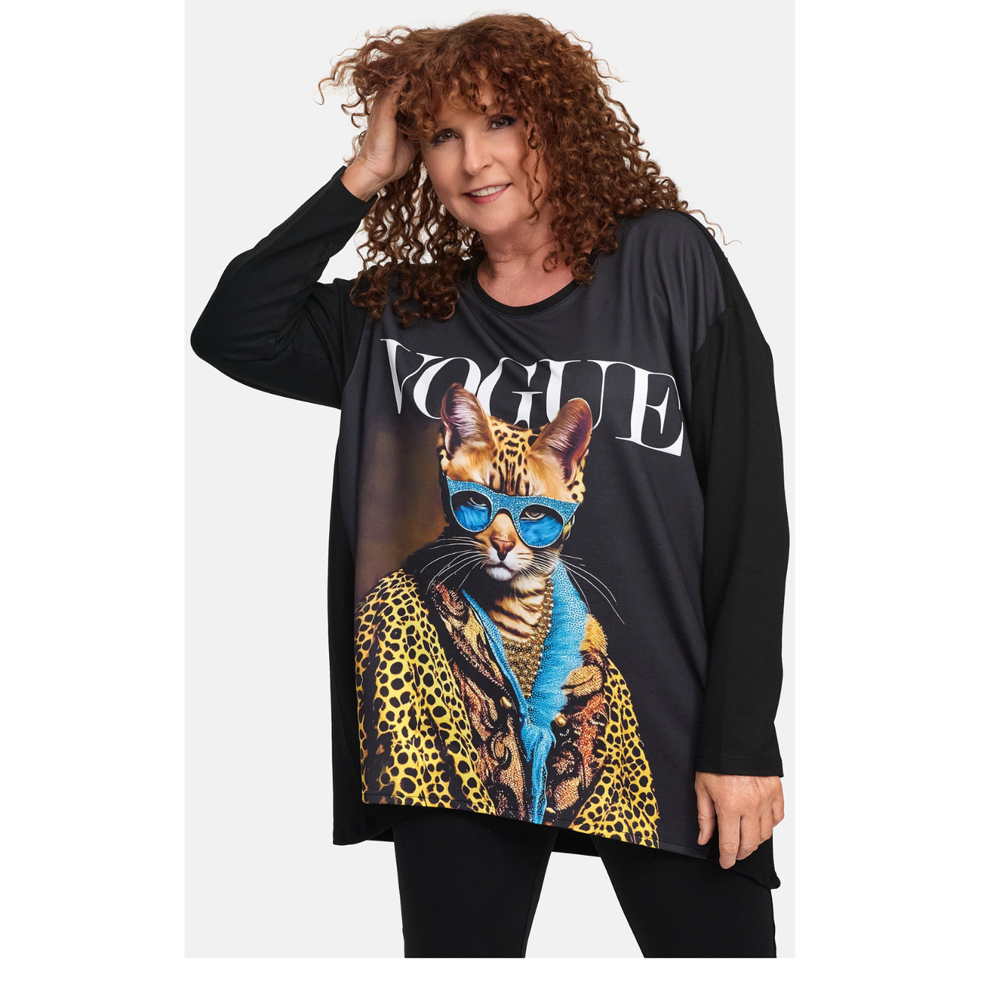 Frenzi4u Shirt „Fashion Cat“ – Schwarzes Oversize-Shirt mit Glitzerprint  44 46 48 50 52 54 56 58