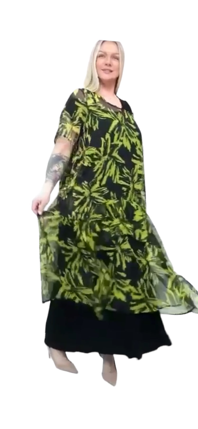 Divas Planet Zweiteiler Kleid mit Überwurf gemustert grün schwarz Gr 1 - 3