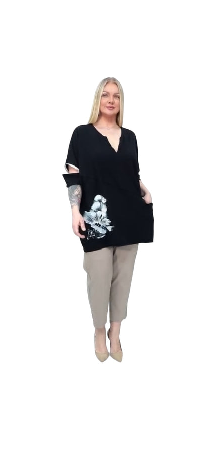 Divas Planet Shirt Weiß Schwarz Reißverschluss an Ärmeln Blumenprint Gr 44 46 48 50 52 54 56