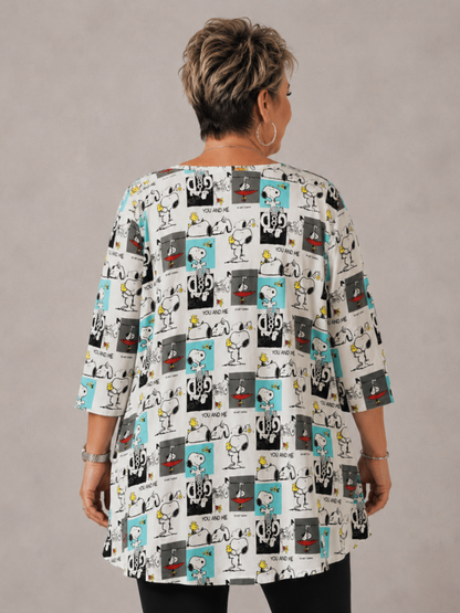 Naveed Shirt-Tunika A-Linie – Comic-Hund-Print in Schwarz, Türkis & Grau – Große Größen 44–54